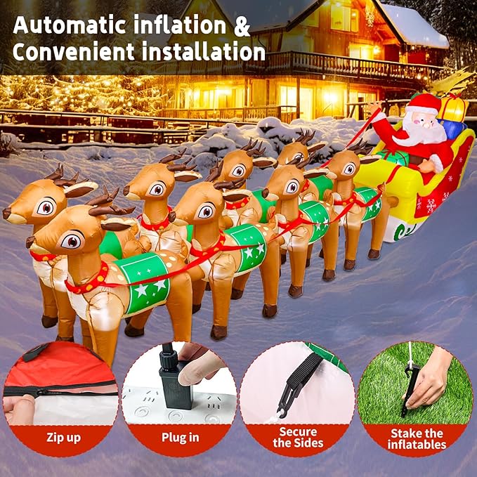 12 FT Christmas Inflatables with Santa Claus Reindeer Built-in LED Lights Blow Up Christmas Decor for Christmas Party Holiday Outdoor Garden Lawn Yard Decorations