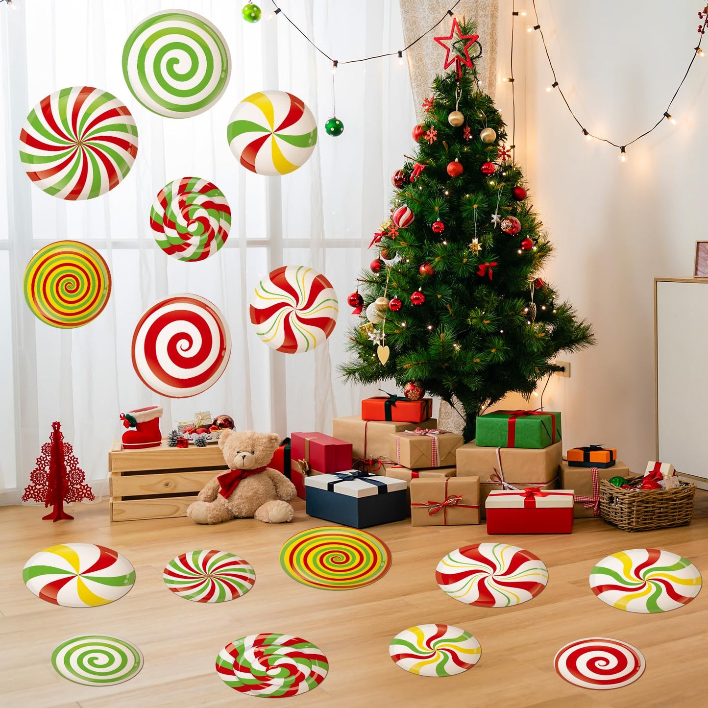YooNotee 16 Pcs Large Peppermint Christmas Floor Decals Removable Pastel Candy Christmas Floor Stickers Xmas Wall Decals for Home Counters Party Decorations(Red, Green, Yellow,Classic)