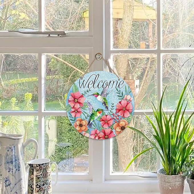 Deroro Welcome Spring Hummingbird Birds Sign for Front Door Decor, Floral Flowers Wood Door Hanger for Outdoor Outside Porch, Seasonal Summer Farmhouse Wooden Wreath Indoor Wall Hanging Decoration