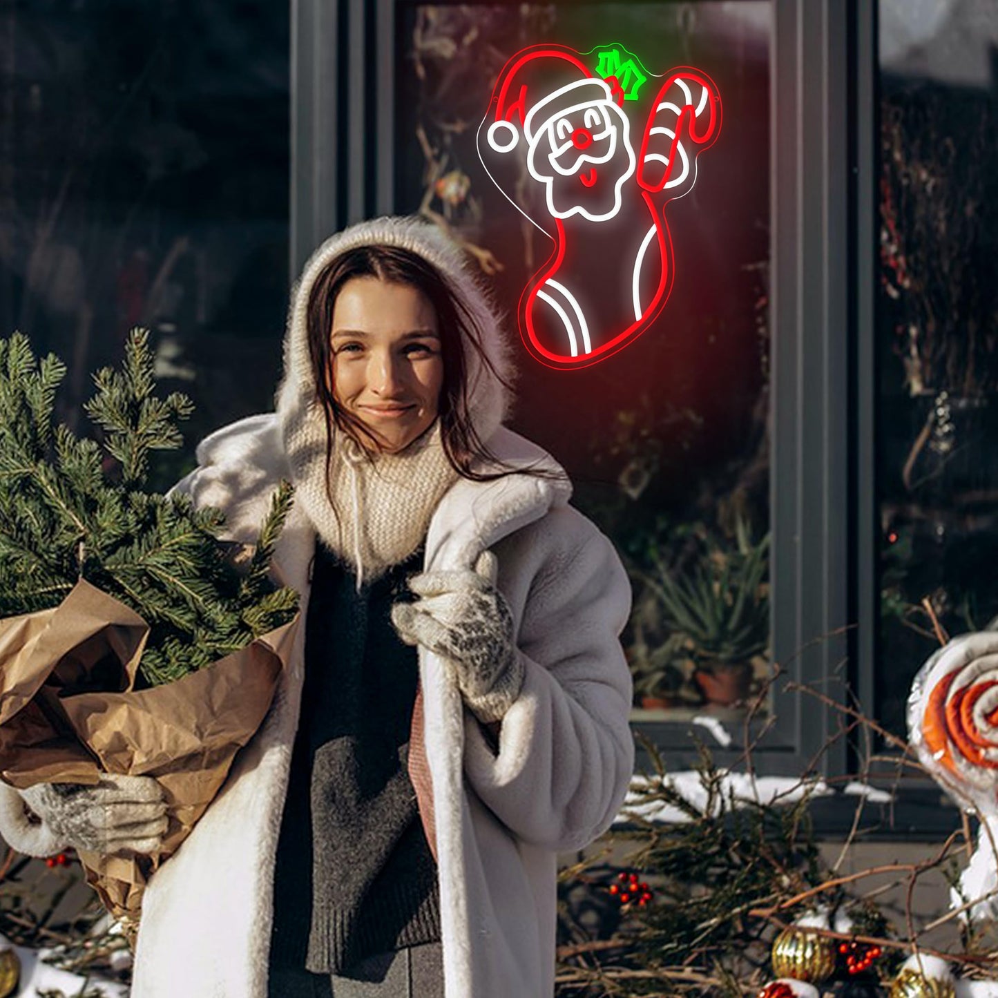 JLEWUINH Merry Christmas Neon Sign Dimmable Santa Claus In Stockings Neon Light USB Powered Holly Led Light up Sign for Christmas Eve Party New Year Home Bar（16.5 * 12.6 In）
