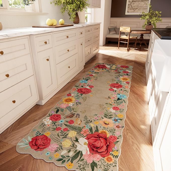 Kitchen Rug Runners for Hallways: 2x6 Washable Runner Rugs for Kitchen Ultra Thin Stain Resistant Non Slip Low Pile Lightweight Vintage Floral Carpet for Laundry Room, Bedside Decor (Khaki)