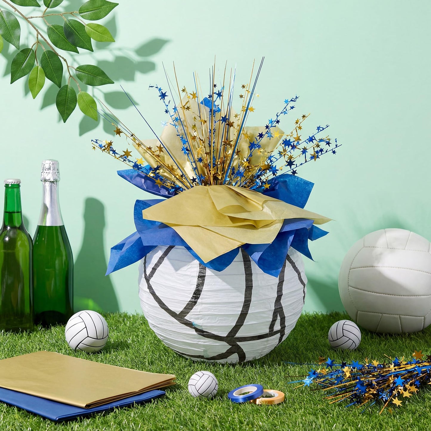 Glooglitter Volleyball Paper Lantern Centerpiece Set Volleyball Table Decor with Metallic Foil Star Spray Branches Wrapping Paper and Ribbon for Sport Birthday Party Supplies(Blue and Gold,14 Pcs)