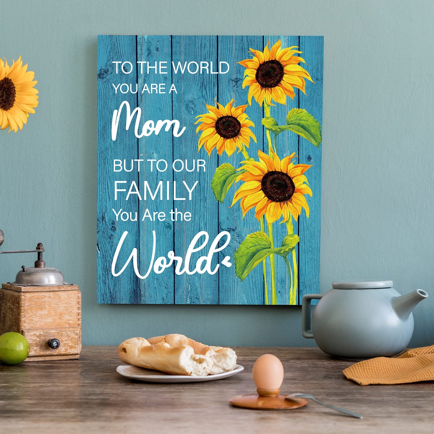 Shellwei Christmas Mom Gift To The World You Are a Mom But to Our Family You Are The World Wood Plaque Sign Mother's Day Gifts Sunflower Wooden Mother Signs Xmas Gifts from Son Daughter