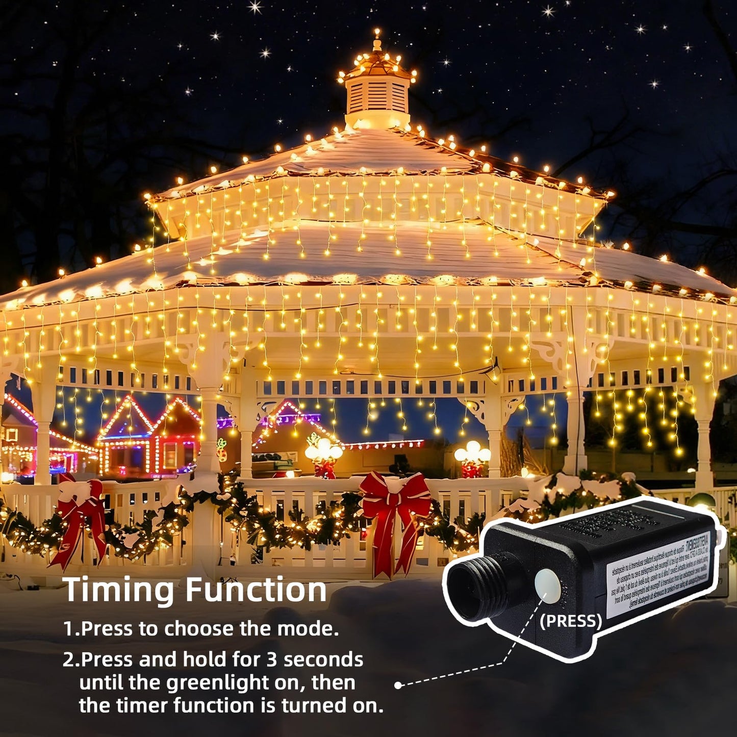 BYIZO Christmas Outdoor Icicle Lights - 480 LED 66+33 FT 8 Modes Curtain Fairy String Light Plug in, Waterproof for Eaves Yard Holiday Xmas Holiday Indoor Outdoor Decoration - Warm White