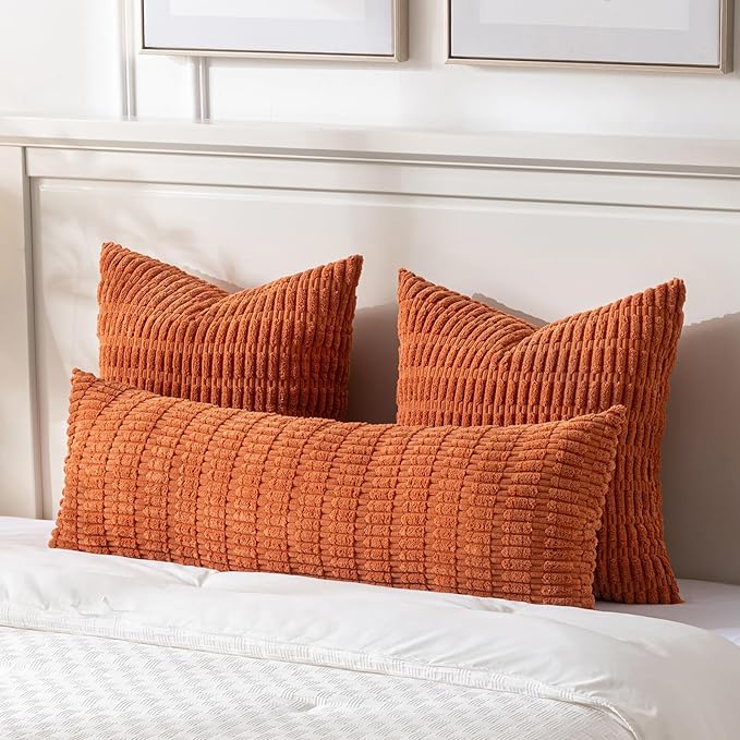 Fancy Homi Burnt Orange Long Body Lumbar Decorative Throw Pillow Cover 14x36 Inch for Bedroom Couch Bed Sofa, Farmhouse Boho Fall Room Decor, Soft Striped Corduroy Rectangle Pillow Case