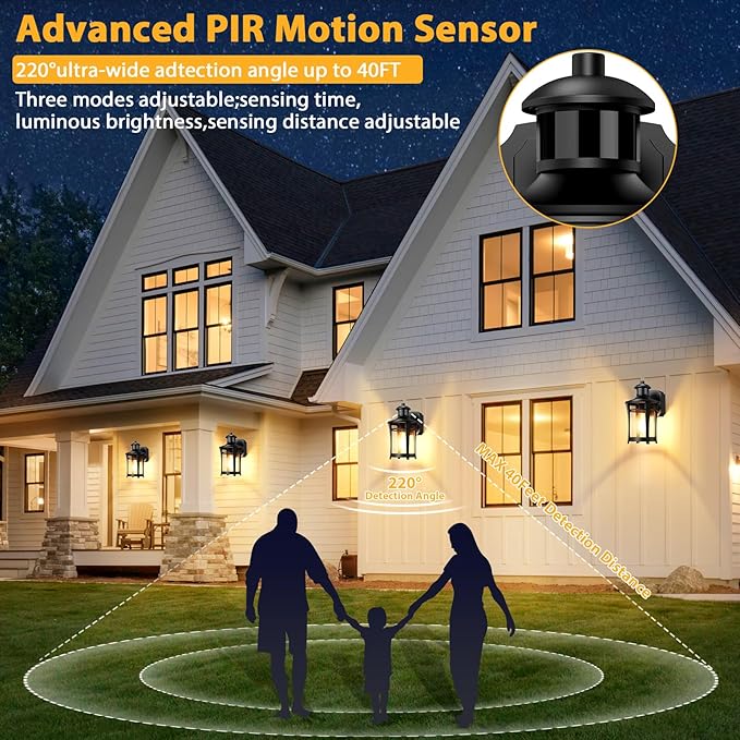 Porch Lights with Outlet, Outdoor Motion Sensor Lights, Dusk to Dawn Exterior Light Fixture, Anti-Rust Waterproof Outdoor Wall Light, Aluminum Outside Lights for House Patio Front Door Garage, Black