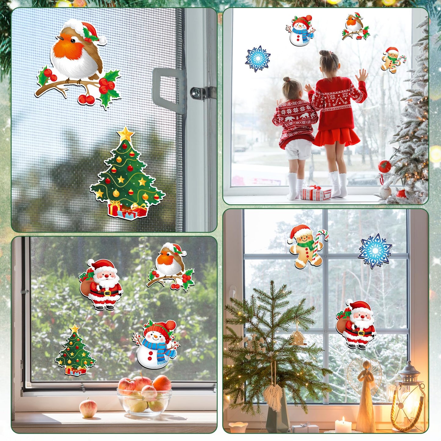 JSRQT 12 Pcs/6 Pairs Magnetic Screen Door Decals Winter Christmas Magnets Protector Double Sided Flexible Stickers Decorative for Patio Sliding Pets Fridge Refrigerator Window Snowflake Bird Snowman