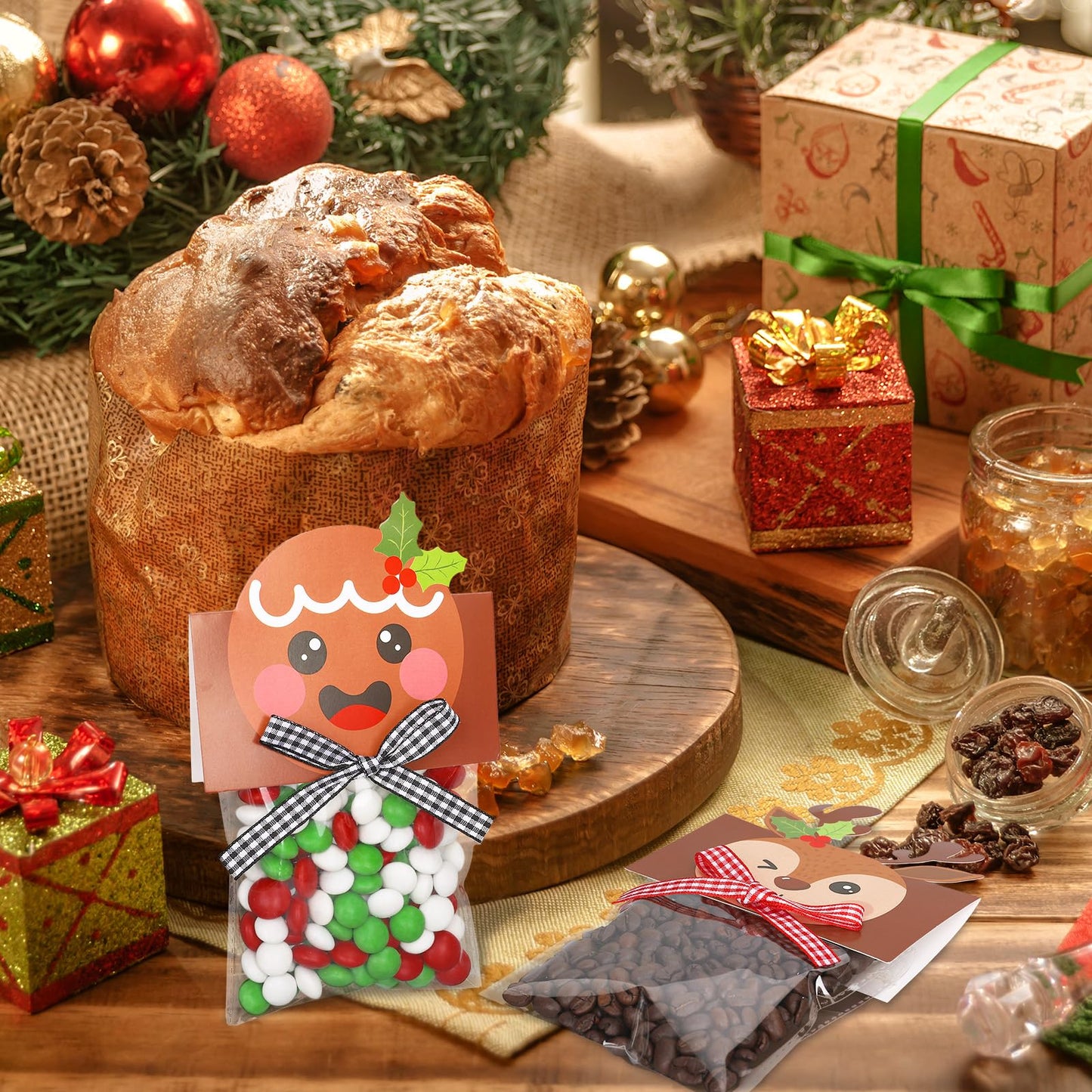 Whaline 180 Pcs Christmas Self-Adhesive Goody Bag with Topper Bow Snowman Santa Elk Gingerbread Candy Cello Bag Plastic Xmas Favor Treat Bag for Winter Party Wrapping