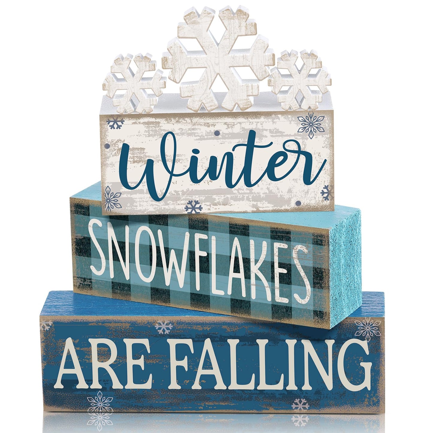 Yuntau 6 Pcs Winter Snowflakes Table Decorations Christmas Snowflake Centerpieces for Tables Winter Tiered Tray Decor Rustic Wood Snow Sign Farmhouse for Wonderland Party Kitchen Shelf Home