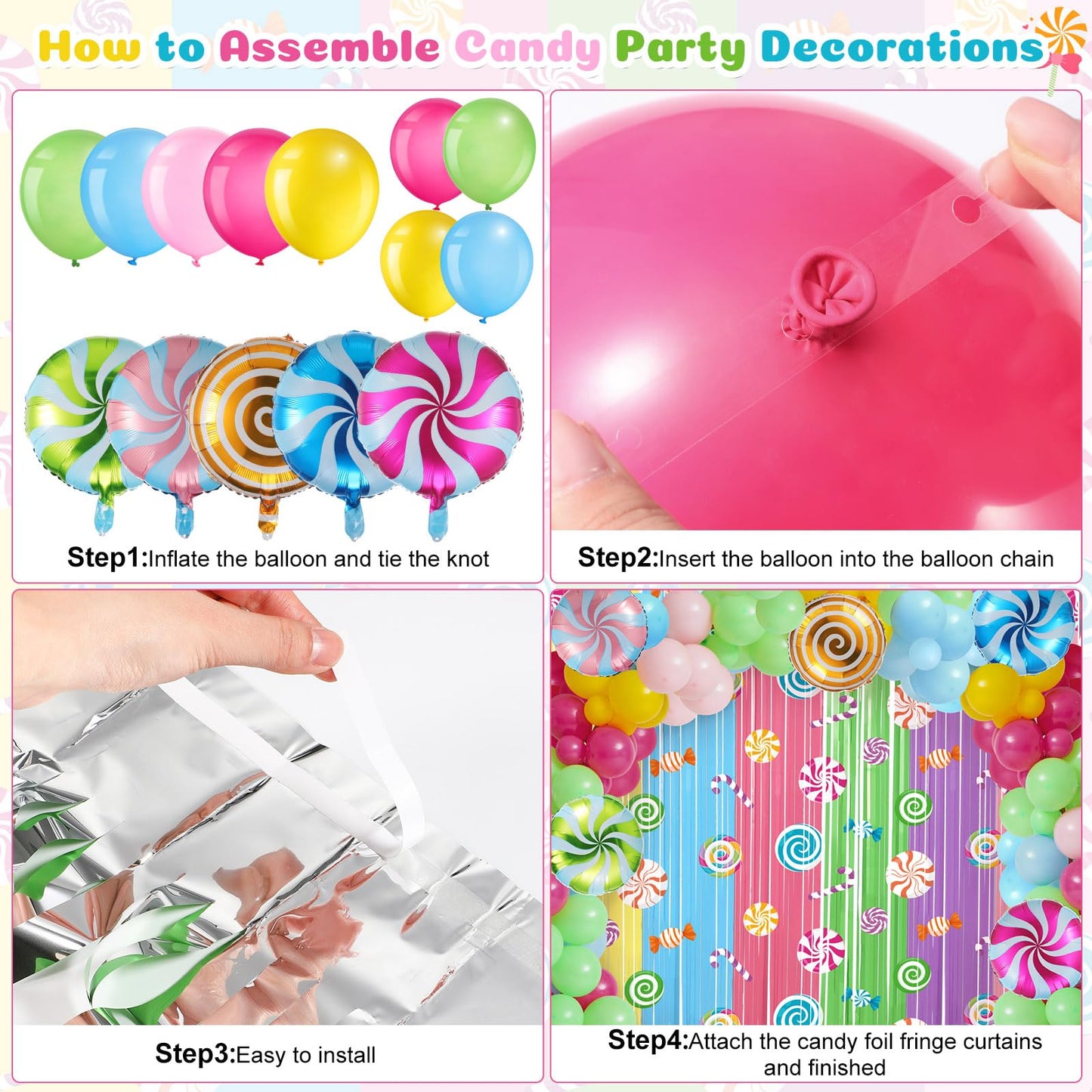Blosssound Candy Party Decoration with 2 Packs 3.3 x 6.6 ft Candy Foil Fringe Curtain and 97 Pcs Sweet Balloons Garland Arch Kit with Lollipop Foil Balloon for Birthday Party Decorations Supplies