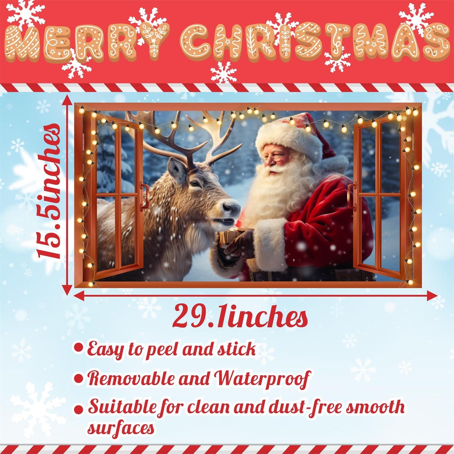 Merry Christmas Wall Decals Removable Santa Claus Reindeer Art Murals for Christmas Home Indoor Outdoor Decoration Fake Window Winter Wall Decal Xmas Vinyl Sticker for Farmhouse Holiday Party Supplies