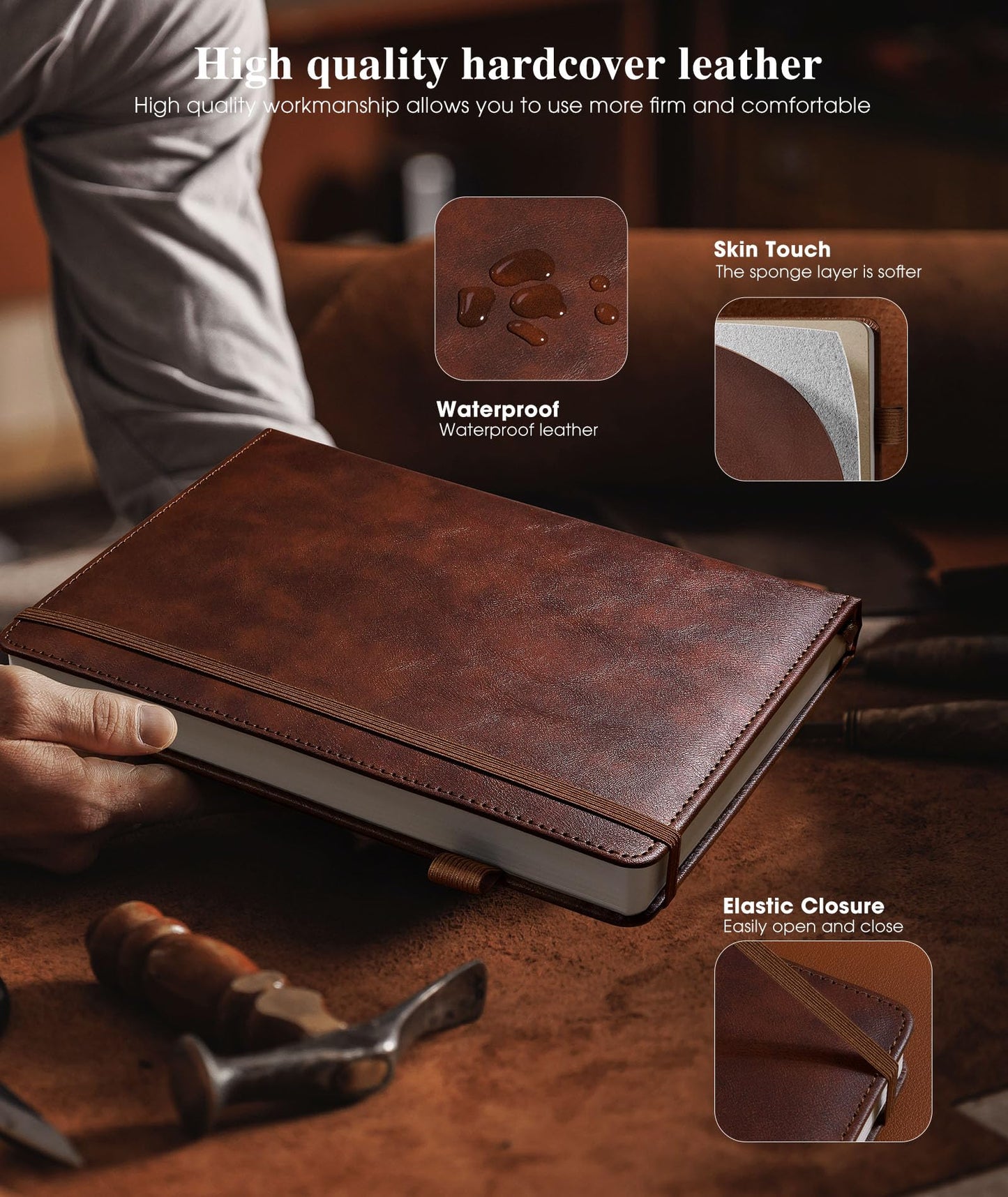 Lined Leather Journal Notebook for Men Women, Hardcover Journals with 256 Numbered Pages, A5 Journaling Notebooks for Writing, 100GSM Thick Ruled Paper for Business Work School 5.75"×8.38", Brown