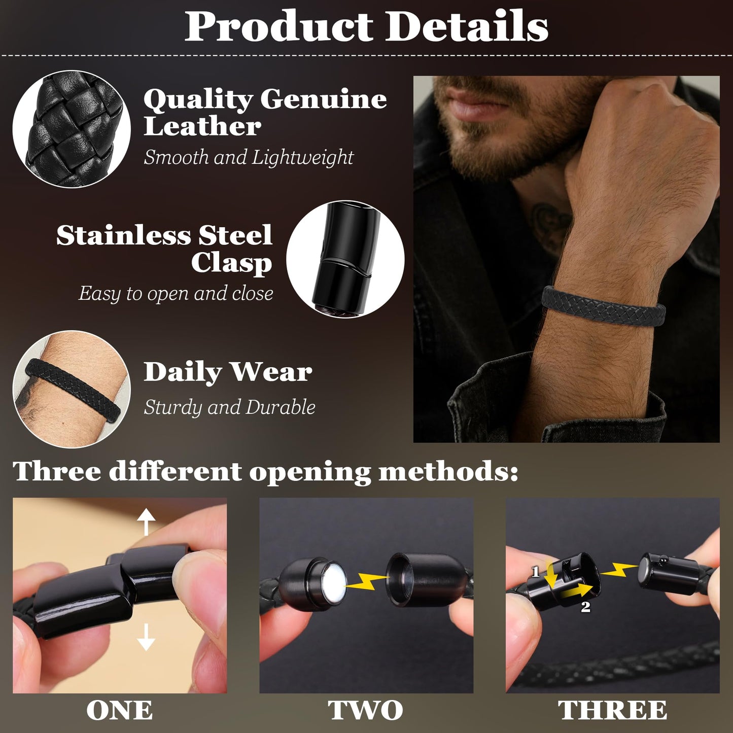 SOMEITIA 3Pcs Genuine Italian Braided Leather for Men Women Leather Wrist Cuff Bracelets Black Brown Stainless Steel Clasp Wrap Wristband Black 9.0 Inch