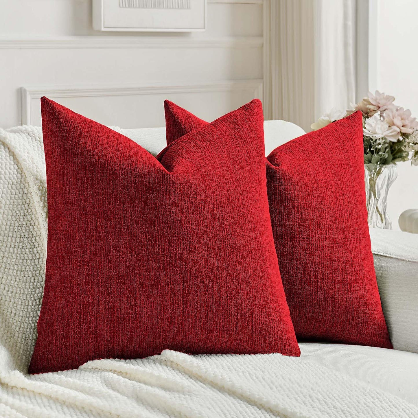 FUTEI Pack of 2 Chenille Decorative Throw Pillow Covers 18x18 Inch,Soft Cozy Faux Linen Textured Cushion Case,Farmhouse Home Decor for Couch Living Room,Red