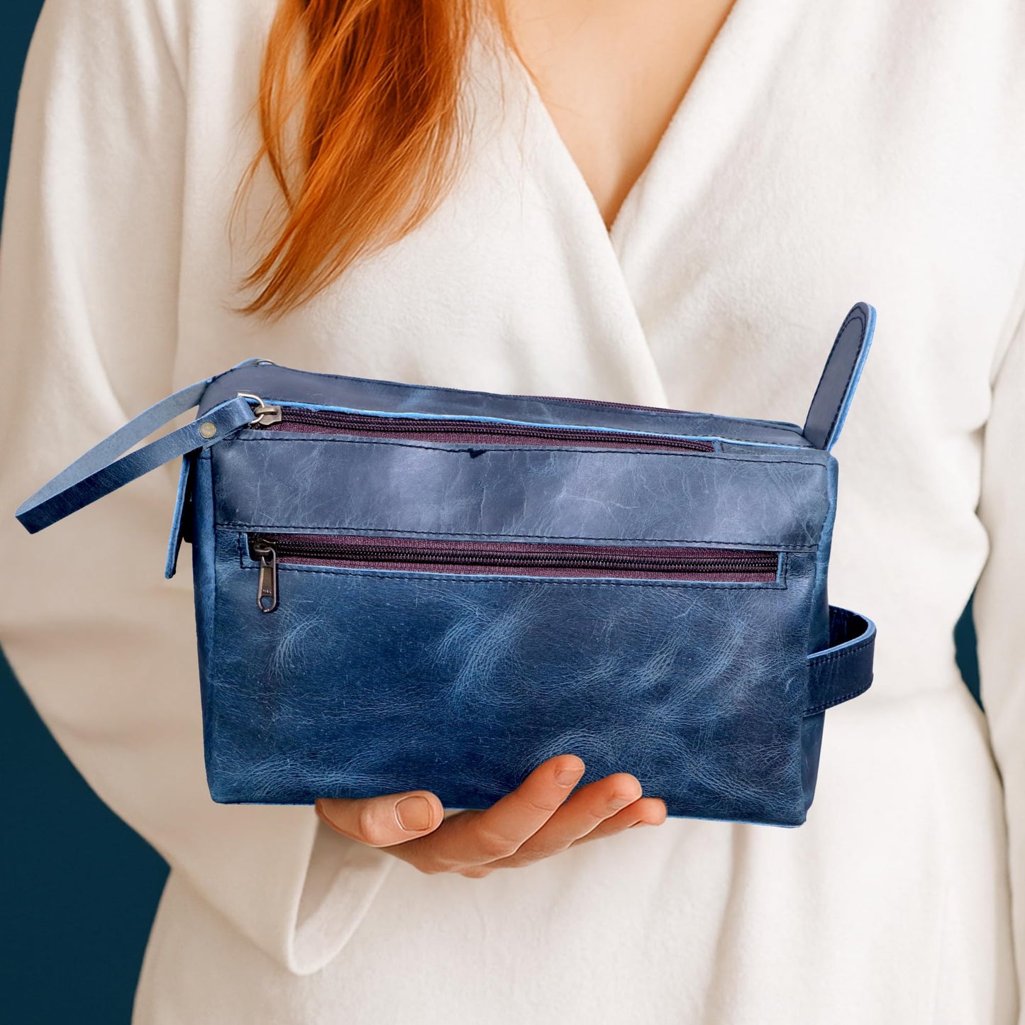 PRASTARA Leather Toiletry Bag for Men, Travel Essentials Shaving Dopp Kit Bathroom Shower Toiletries Organizer, Cosmetic Make up Bag for Women (Navy Blue)