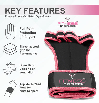 FITNESS FORCE Ventilated Weightlifting Gloves Workout Gloves for Men & Women with Built-in Wrist Wraps Fingerless Gym Gloves for Men Perfect for Exercise Fitness, Weight Lifting, Cross Training