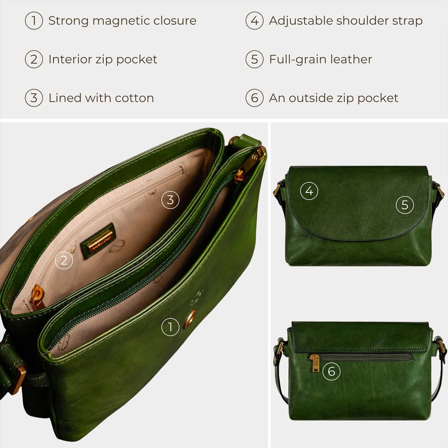 Time Resistance Leather Crossbody Bag for Women - Handbag, Shoulder Bag, Messenger Purse (Green) - Gift Box Included