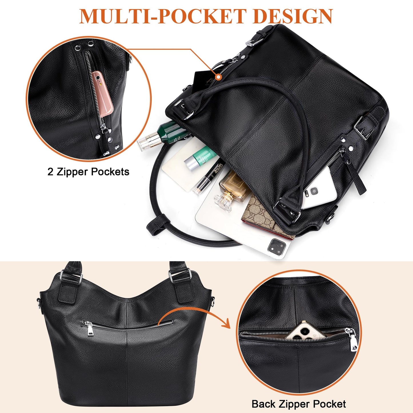 Over Earth Genuine Leather Handbags for Women Hobo Shoulder Bags Ladies Tote Bag(O172E Black)