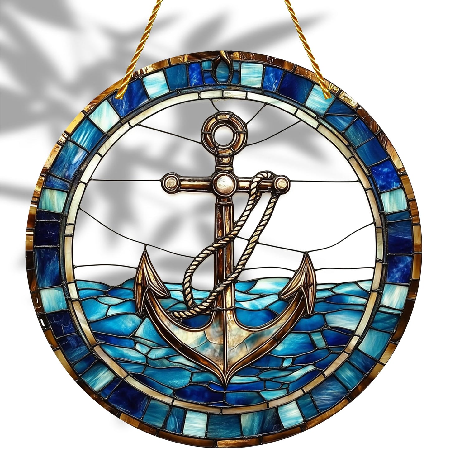 8x8 inch Charming Nautical Anchor Acrylic Stained Glass Window Hanging Sun Catcher Decor Stained Panel Hangings Wall Art Decor, for Friends and Family (Nautical)