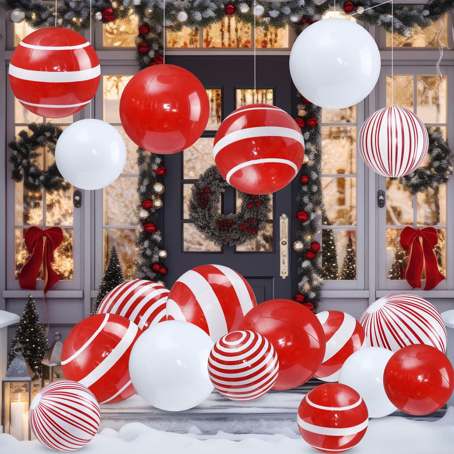 Jetec 12 Pcs 24 Inch 16 Inch Giant Inflatable Christmas Balls Ornaments Large PVC Inflatable Ball Decorations for Xmas Tree Holiday Yard Lawn Porch Outdoor (Red and White,Candy Cane)