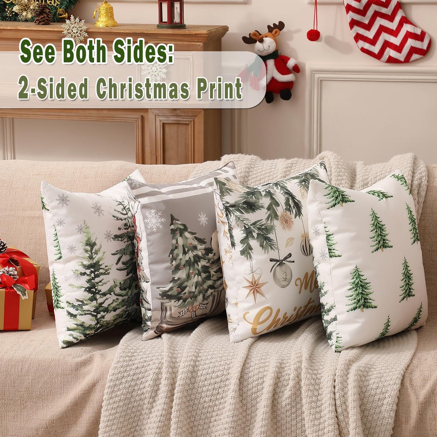 multiwins Double-Sided Print Christmas Pillow Covers 18"x18" Set of 4, 8 Cute Christmas Patterns, Tree, Merry Christmas, Truck, Merry & Bright, Let It Snow, Etc, Perfect for Home Decor