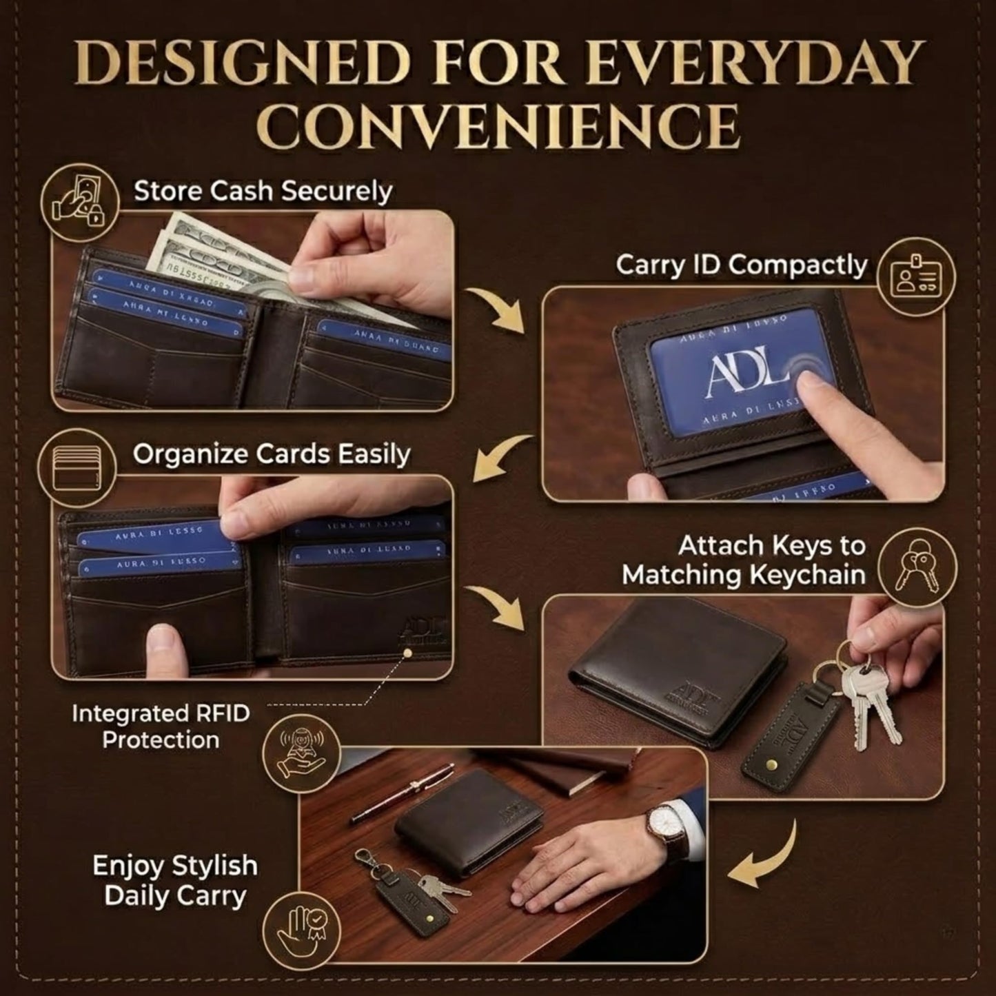 Aura Di Lusso Handmade Full Grain Premium Leather Wallet & Keychain Combo Set for Men | Stylish & Durable Gift Combo | Ideal for Everyday Use | Luxury Accessories for Men (Dark Brown)