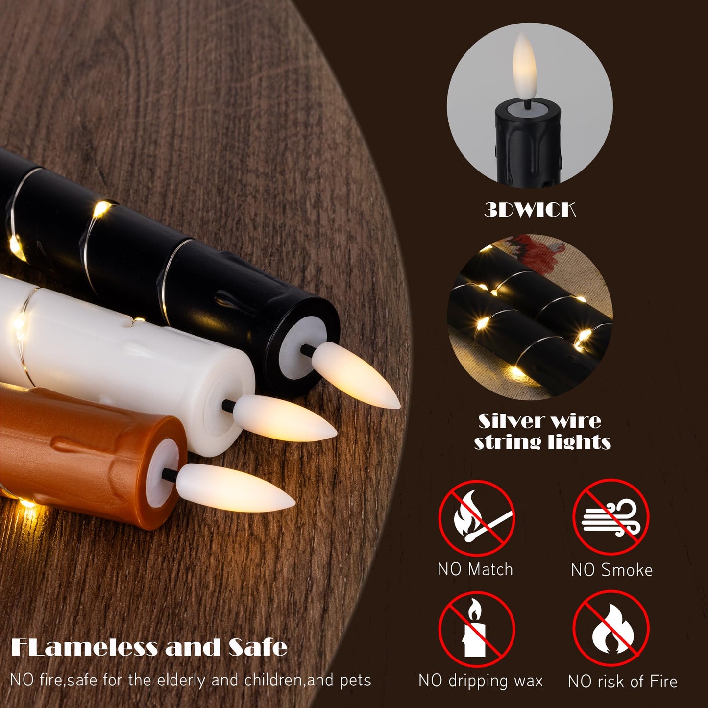 Flameless LED Taper Candles Flickering with Remote & Timer for Halloween Decorations，Battery Operated Candles, Arounded with Starlight String, Party & Home Decoration, Pack of 6,Black