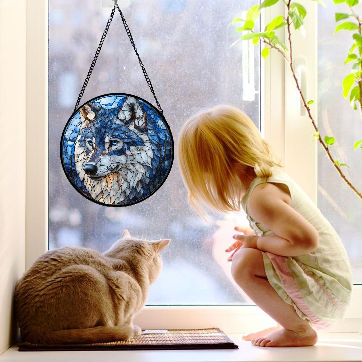 DASTOLL Stained Glass Window Hanging - Funny Wolf Suncatcher Ready to Hang Window Doors Home Decoration and Christmas, Mother's Day Birthday Gifts for Women, Men, and Mom 7.8x7.8 in