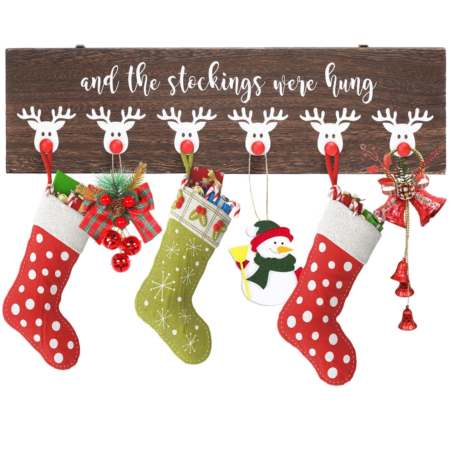NEWLIGHTURE Christmas Stocking Wall Hanger The Stocking were Hung with 6 Red Nose Hooks Wood Christmas Stocking Rack Wall Mount Sign for Mantle Fireplace (Reindeer)