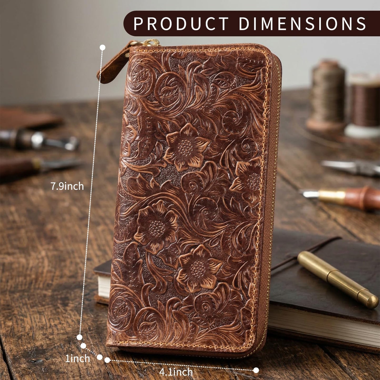 RMAWRAD genuine leather long bi-fold wallet/card holder, unisex, made of embossed buffalo leather, with card slots and a coin purse, brown.