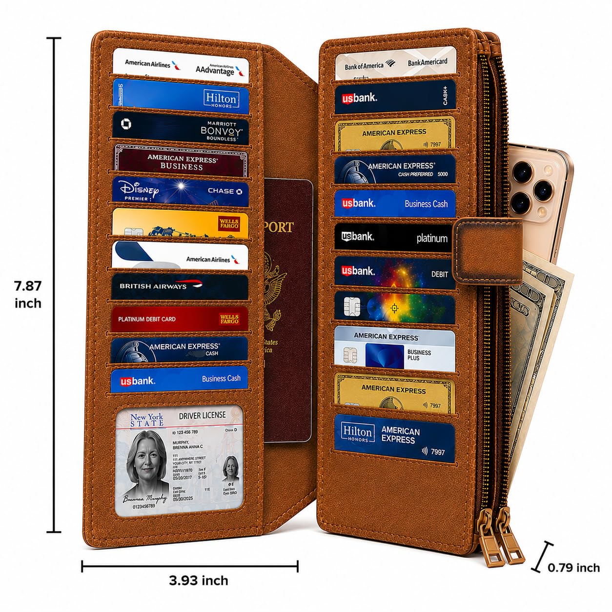 ESS RFID Blocking Leather Wallet for Women Slim Bifold Card Holder – Double Zipper Money Organizer with 43 Card Slots, Passport Pocket, iPhone Storage, ID Window, Travel Wallet Brown