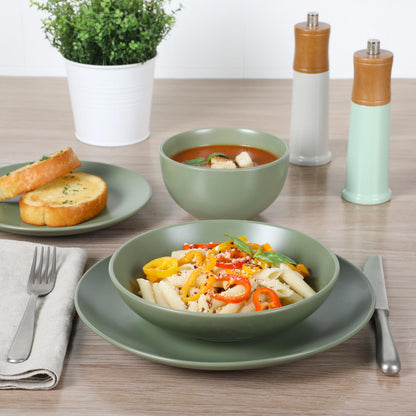 Gibson Home Queenslane 16 Piece Double Bowl Plates and Bowls Dinnerware Sets - Matte Blue