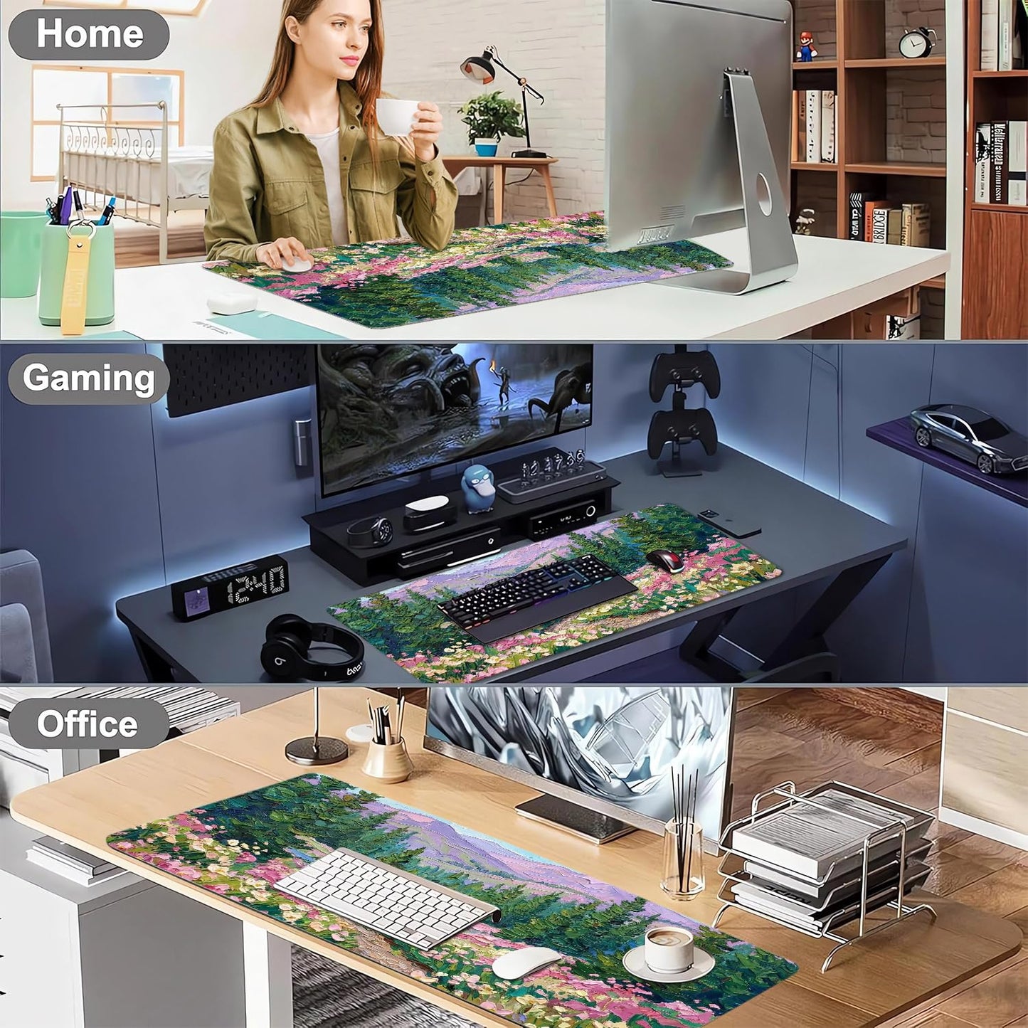 CozyNestCY Oil Painting of Flowers Office Desk Mat 27.6'‘ x 13.8’' Desktop Mat PU Leather Large Mouse Pad Green Mousepad Non-Slip Table Mat for Girls, Women, Home, Work, Computer, and Gaming