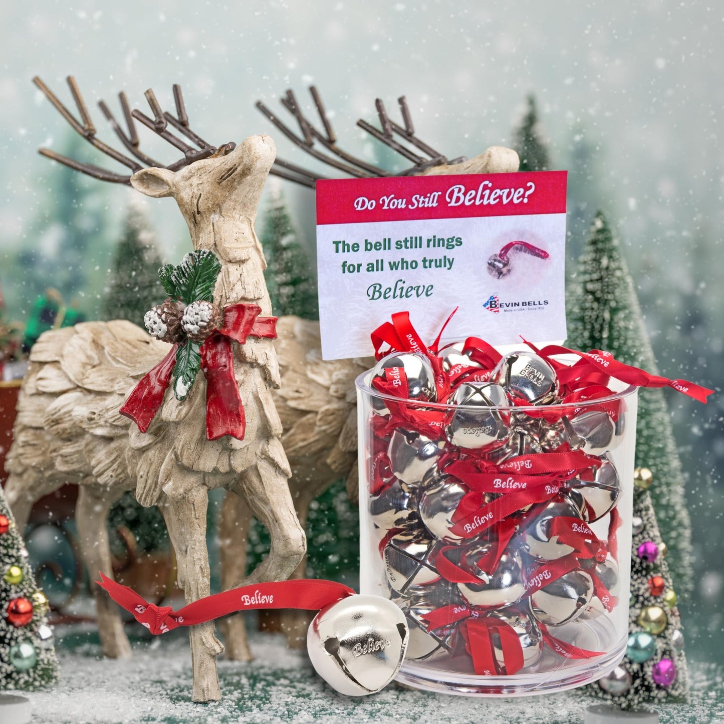 Bevin Bells Believe Sleigh Bells Ornament (3-Pack) | 1.5" Made of Steel | Hanging Bells with a Red Satin Believe Ribbon & Red Velvet Bag | Great Tone | Xmas Gift or Stocking Stuffer | Made in USA