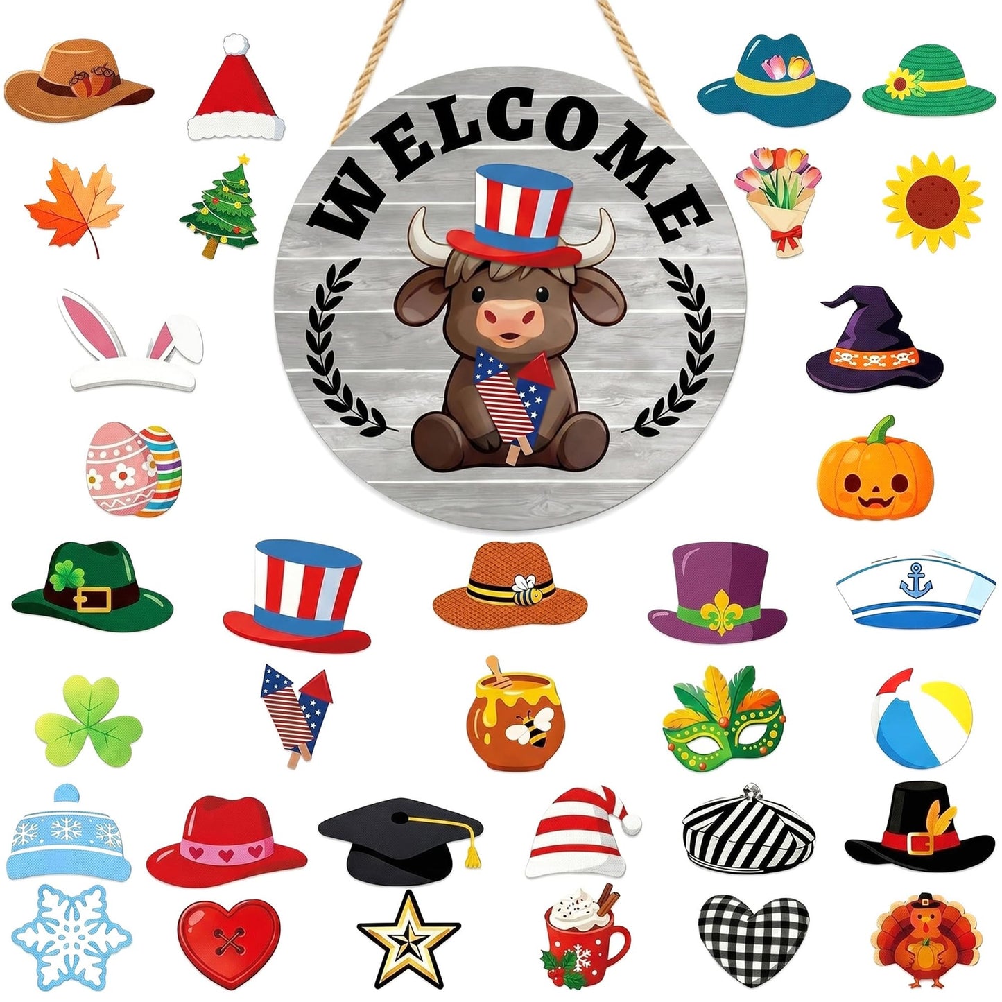 Yiranok Holiday Interchangeable Highland Cow Welcome Sign,Highland Cow Seasonal Wooden Hanging Door Decoration Front Door Decoration Gift Hanging Door Sign