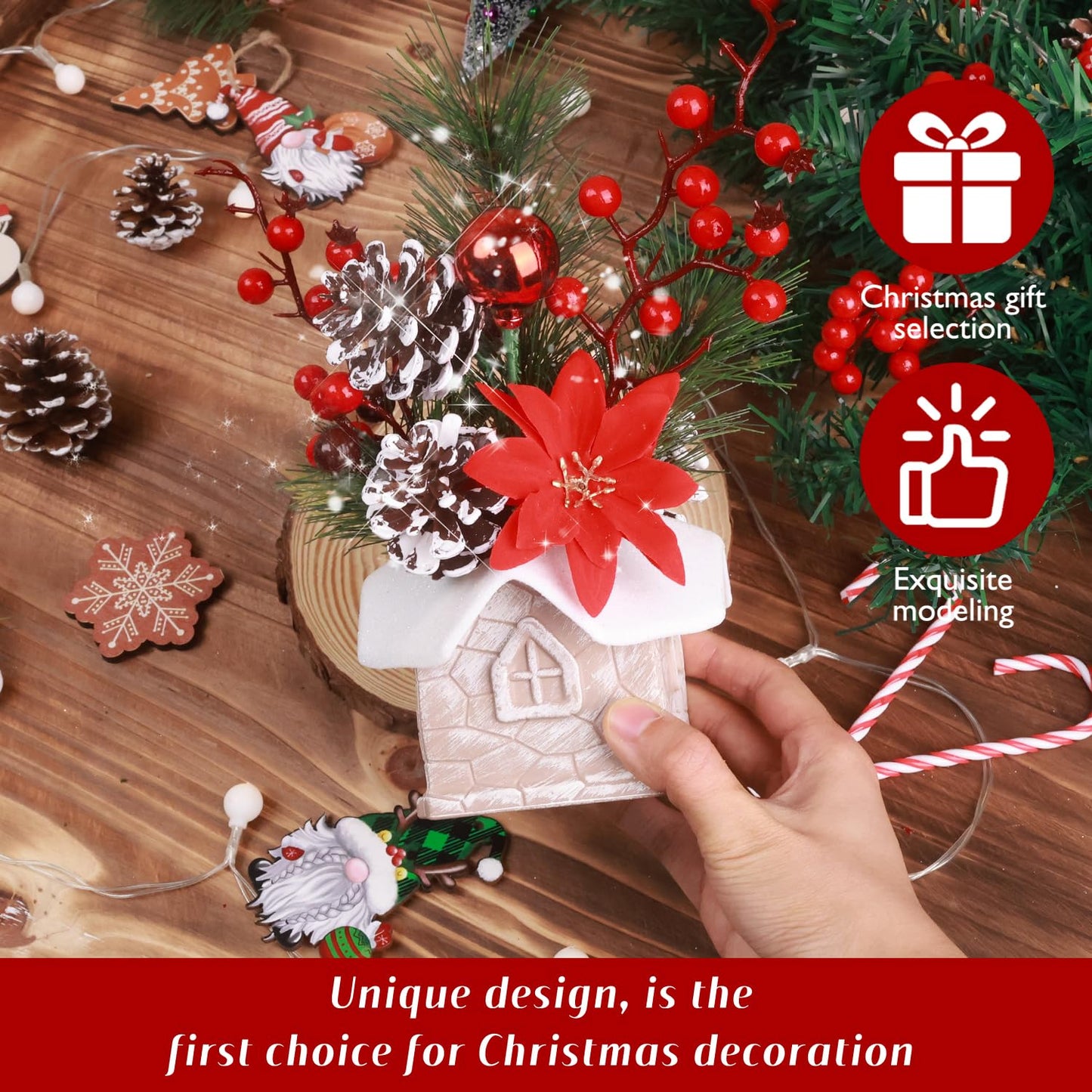 Small Christmas Tree Tabletop Artificial Mini Christmas Tree Decorations with Holiday Ornaments Red Berry Pine Cone Greenery for Home Indoor Fireplace Mantel Xmas Decor (Cabin-Red Flowers)