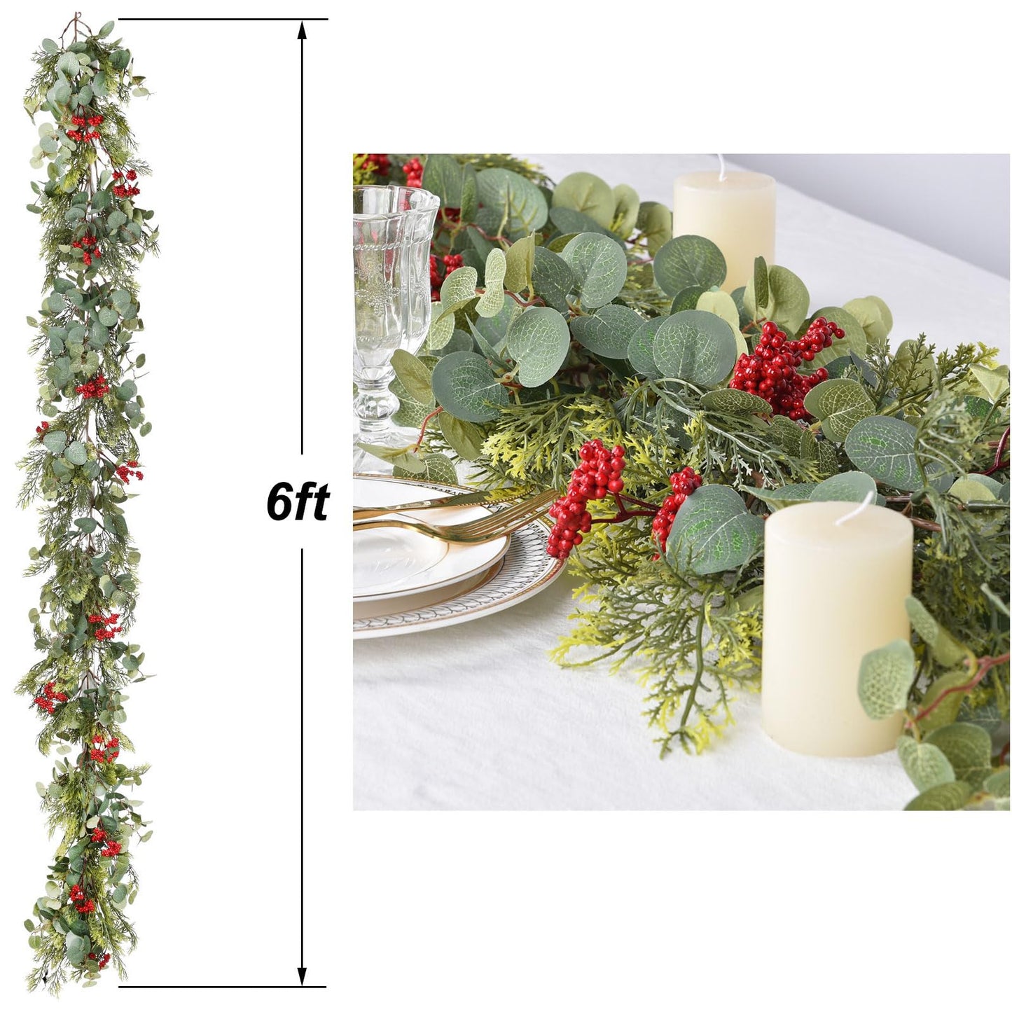 JoyHome 6ft Pine Christmas Garland, Artificail Red Berry Garland Christmas with Eucalyptus Leaves Cypress Garland for Home Decoration Holiday Mantel Table Decor