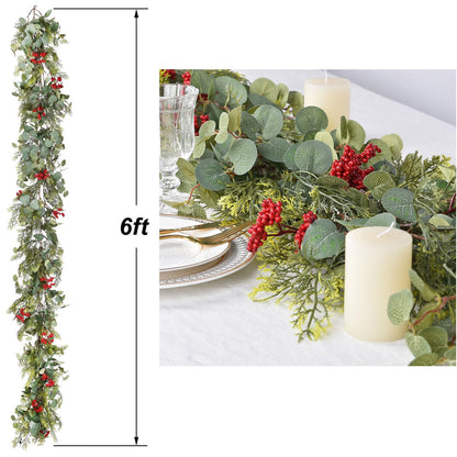 JoyHome 6ft Pine Christmas Garland, Artificail Red Berry Garland Christmas with Eucalyptus Leaves Cypress Garland for Home Decoration Holiday Mantel Table Decor