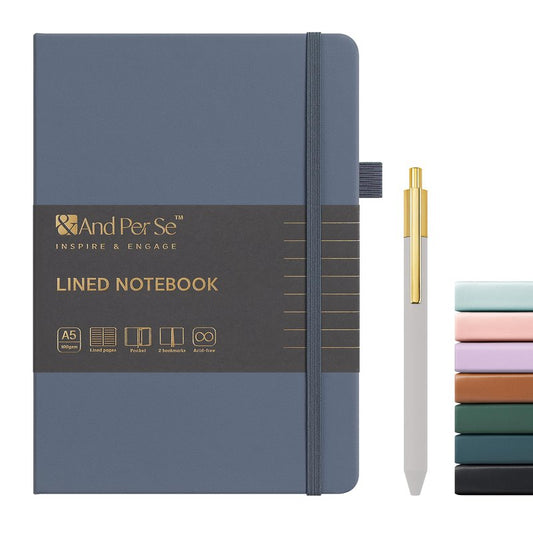 &And Per Se Lined Journal and Pen Set, A5 Leather Hardcover Notebook with Pen & Stationary Set, 160 Pages 100GSM Thick Ruled Paper Journal for Business Work Writing (Dark Blue)