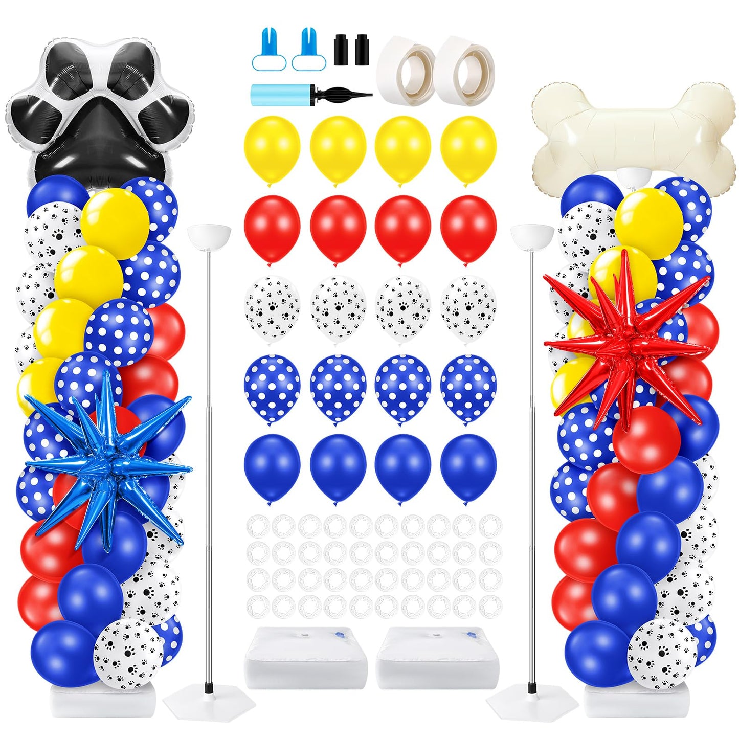 Kasyat 2 Sets Dog Paw Balloon Column Stand Kit Red Yellow Blue Paw Print Polka Dot Bone Shaped Balloon Arch Garland Kit with Stand for Dog Birthday Decorations Puppy Men