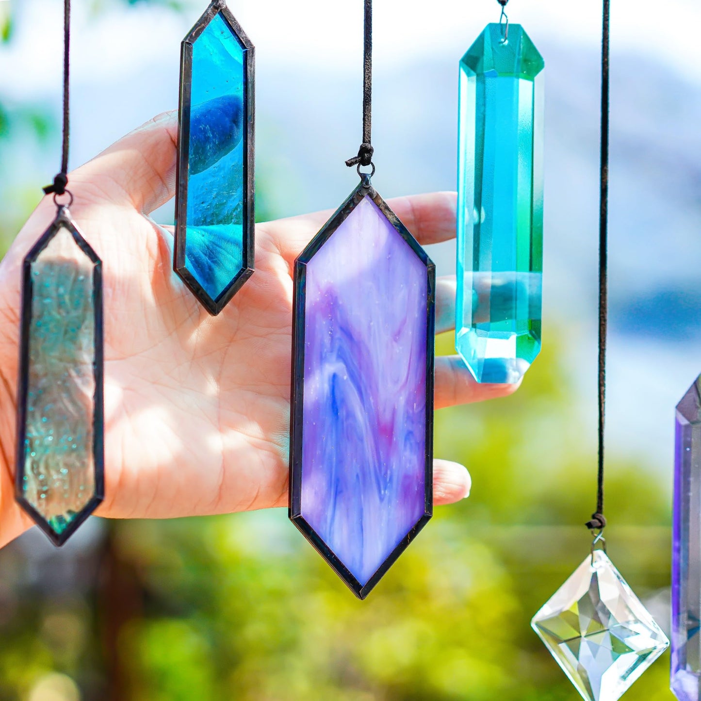 HDCRYSTALGIFTS Set 7 Crystal Blue Dreams Sun Catchers Window Hanging Ornaments Stained Glass Suncatchers Kit for Window Indoor Home Garden Decor