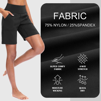 SANTINY Bermuda Shorts for Women with Zipper Pocket Womens High Waisted Long Shorts for Running Workout Athletic(Black_XL)