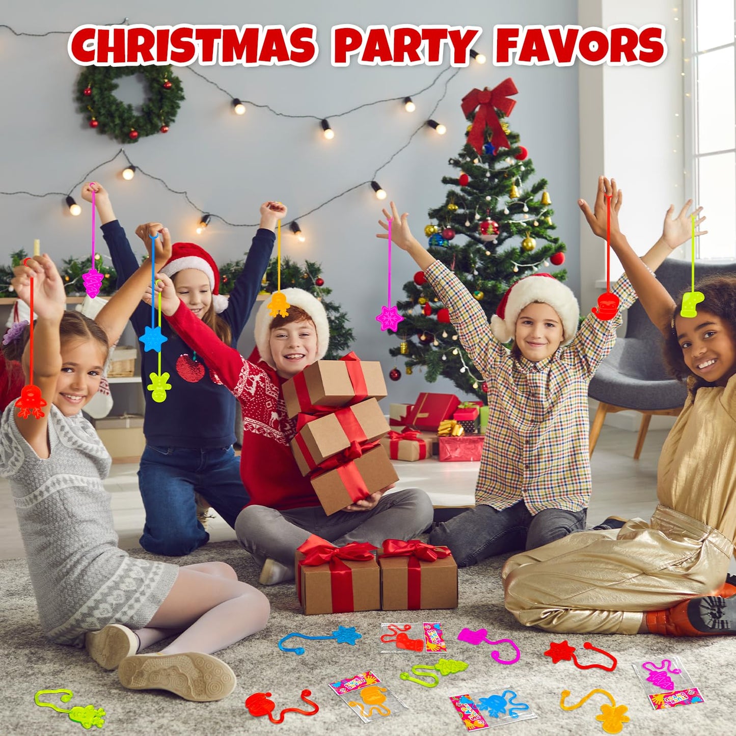 Bulk Christmas Party Favors for Toddlers 100 PCS, Xmas Sticky Hands Goody Treat Bag Stocking Stuffer Fillers Bulk for Kids, Holiday Winter Toys Gifts Class School Games Prize Giveaways for Boys Girls