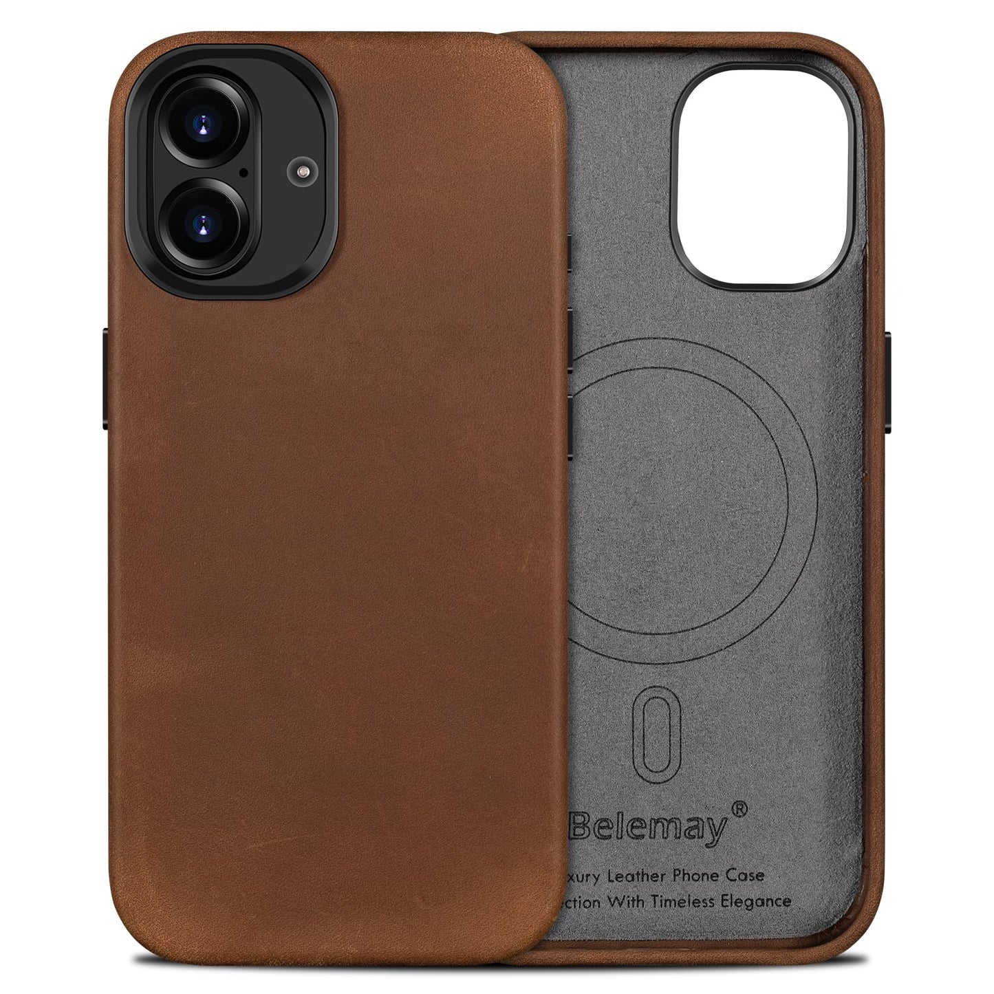 Belemay Handcrafted Crazy Horse Leather Case for iPhone 16, Compatible with MagSafe, Vintage Aesthetic, Two-Tone Effect, Unique Patina, Camera Control Button, Metal Buttons (6.1"), Vintage Brown