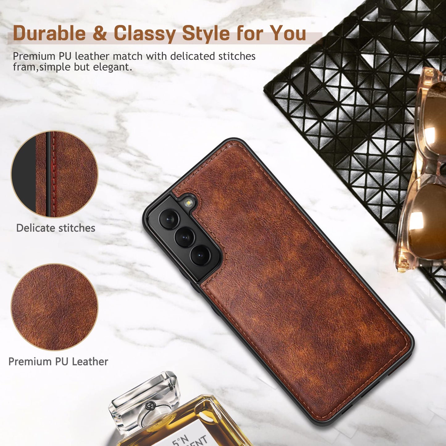 LOHASIC for Galaxy S22 Case 5G, Premium Leather Luxury PU Non-Slip Grip Rugged Bumper Shockproof Full Body Protective Cover Men Women Phone Cases for Samsung Galaxy S22 (2022) 6.1 inch - Brown