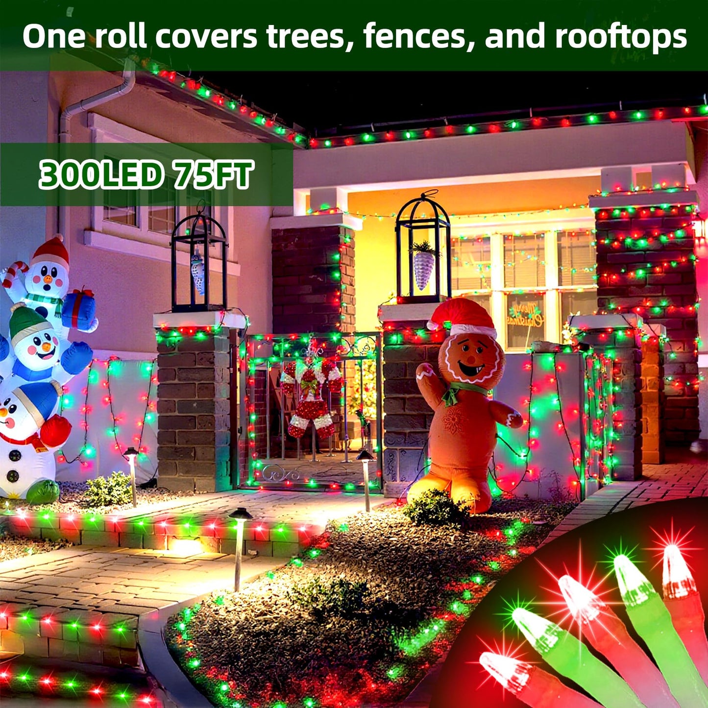 300LED Chrstmas Lights, 75ft Indoor Outdoor Christmas String Lights with 12 Modes, Red & Green ChristmasTree Lights with Timer Dimmable Connectable for Fence Garden Wedding Party Decor Red & Green