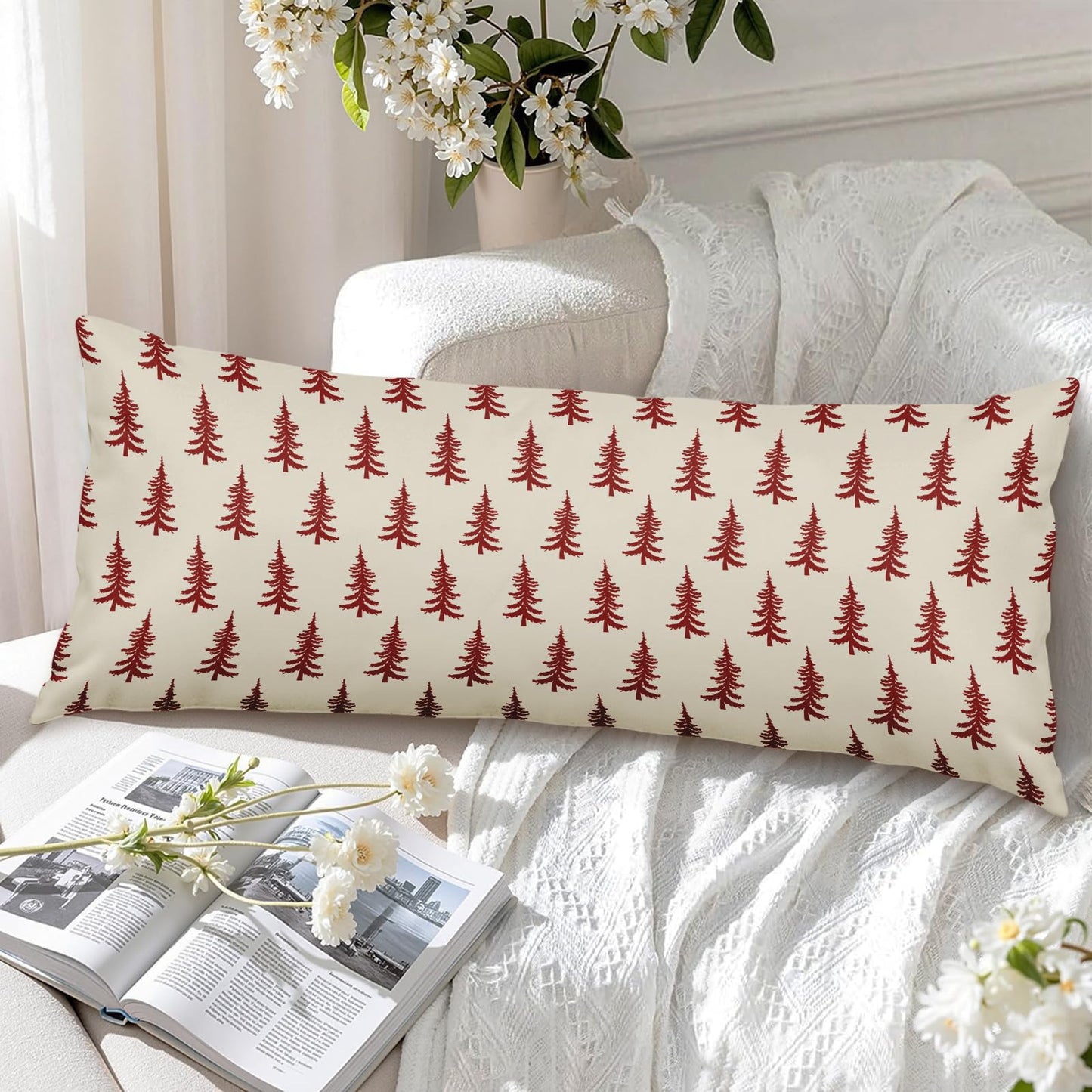 Christmas Pillow Cover 14x36 Inch Red Cream Tree Xmas Holiday Print Decorative Long Throw Pillowcases Outdoor Winter Seasonal Rustic Farmhouse Lumbar Rectangle Cushion Case Decor for Couch Sofa Bed