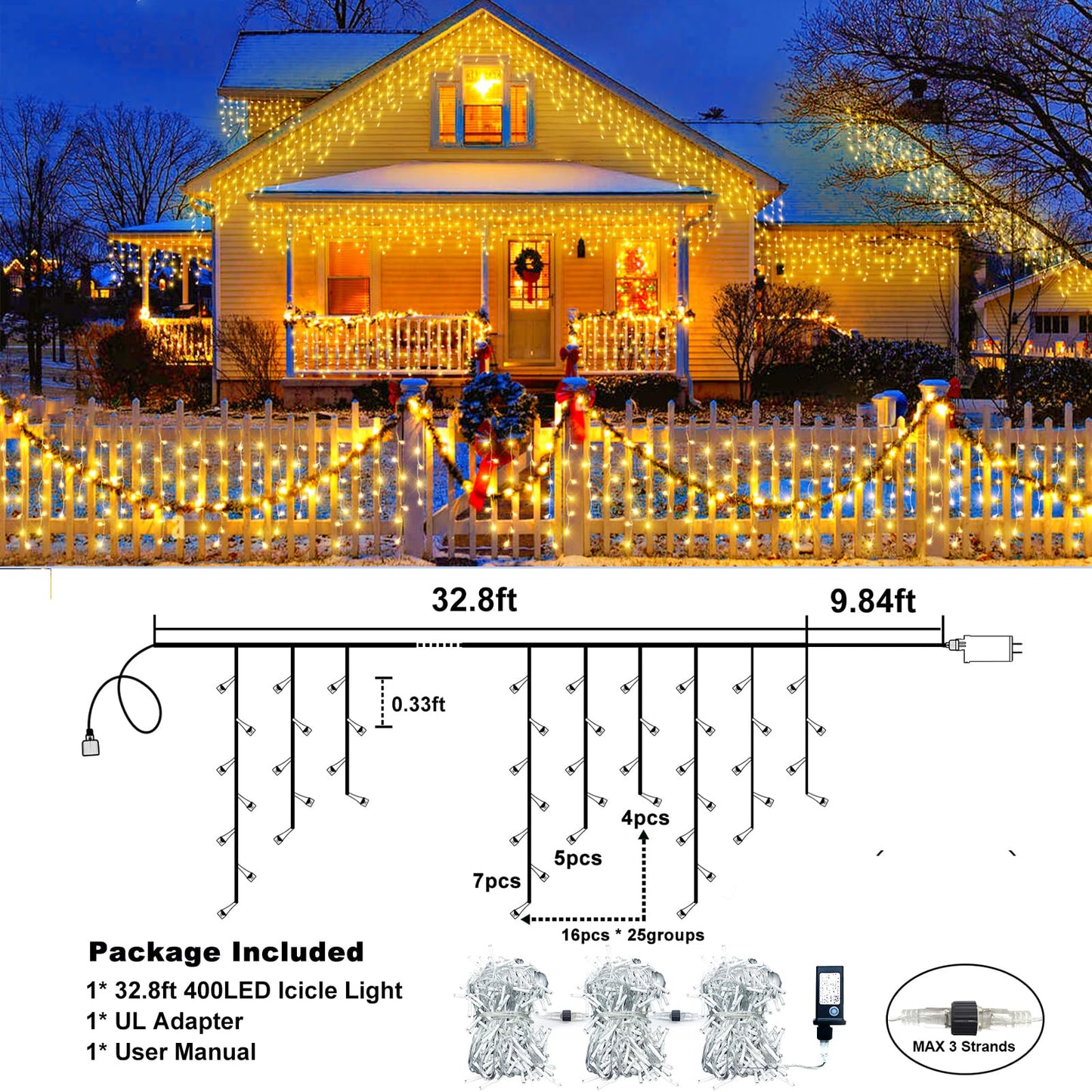 Icicle Christmas Lights Outdoor - 33FT 400 LED Icicle Lights for Outside with 75 Drops 8 Modes Timers, Waterproof Connectable Hanging Lights for Indoor Roof House Yard Decorations, Warm White