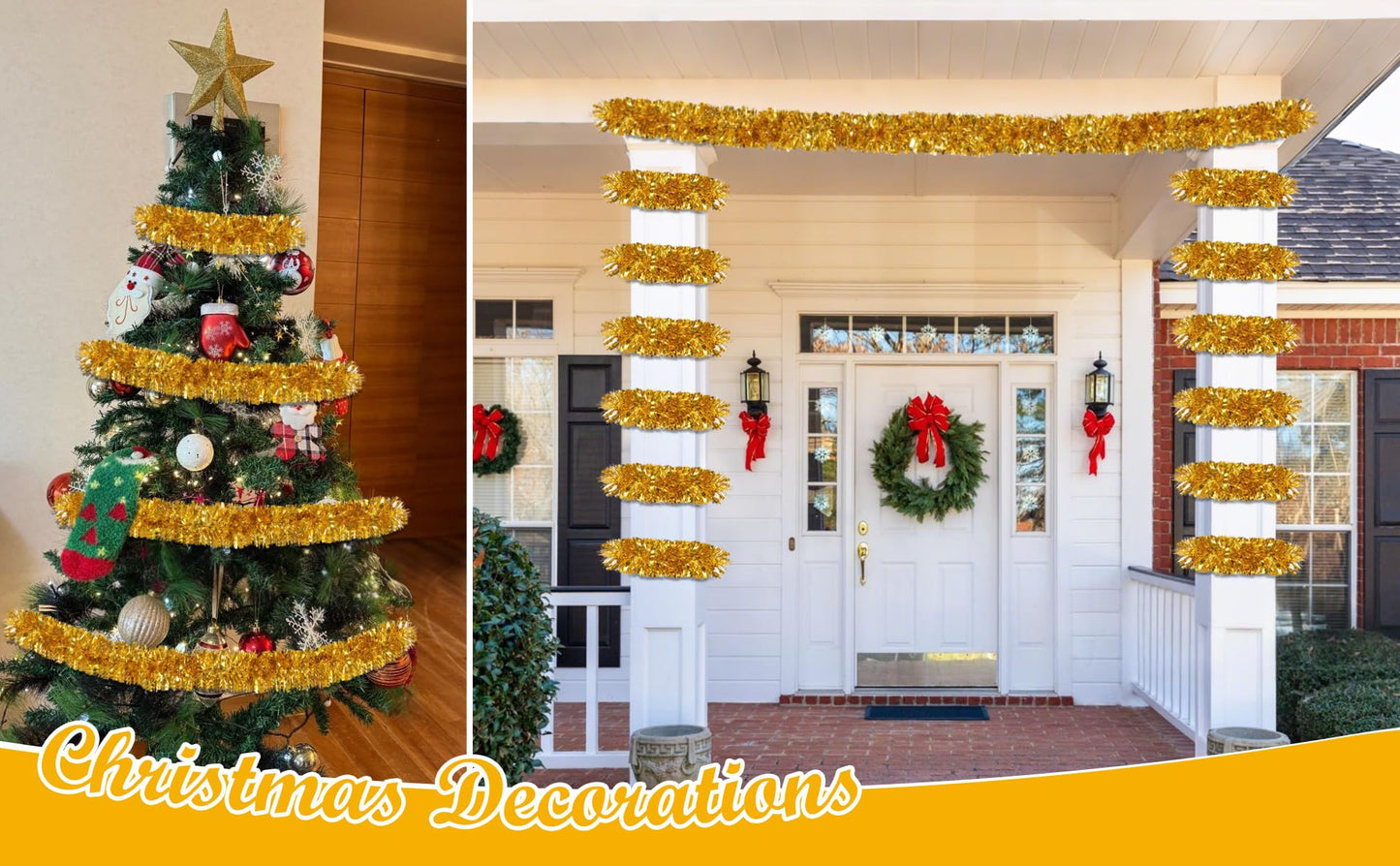 50Ft Gold Christmas Garland Decorations,Xams Tinsel Stems Non-Lit Soft Twist Garland Decor for Tree Stairs Railing Front Door Mantle Fireplace Indoor Outdoor Holiday Home