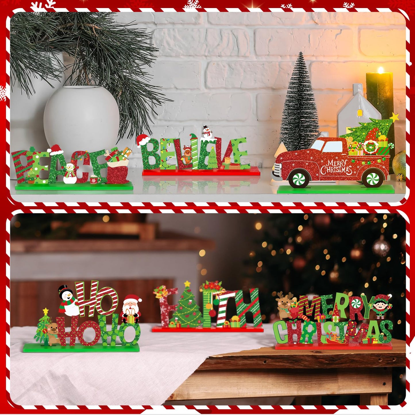 Marsui 12 Pcs Christmas Wooden Table Decor Xmas Decorative Home Table Centerpiece Merry Christmas Wood Signs Lime Green and Red Hope Believe Joy Noel Peace Love Wooden Signs for Party Decoration